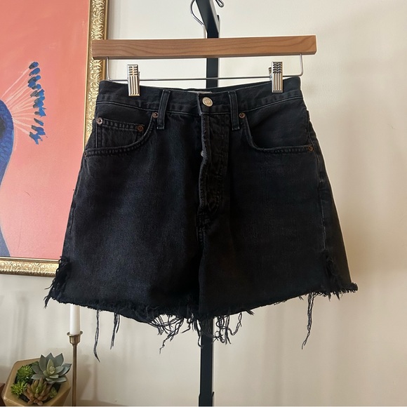 Agolde Dee Frayed Hem Jean Shorts Button Fly Divise Black Denim Size 25 (US 0) - Picture 3 of 11